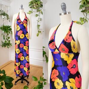 Vintage 1970s Maxi Dress 70s Dark Floral Halter Stretchy Jersey Sundress